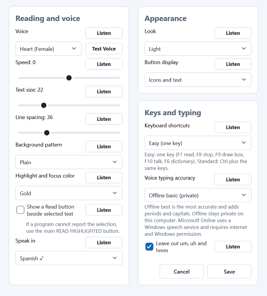 WaySpeak's Settings window. Under Reading and voice, Speak in is set to Spanish, with a check mark.